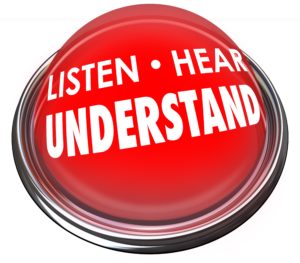 Listen, Hear and Understand words on a red button or light to illustrate the need to pay attention to learn, comprehend and retain new information
