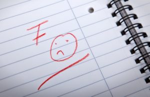 F grade and a sad smilie, written in red letters in a spiral pad, shallow DOF